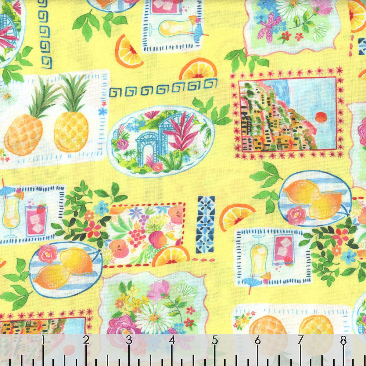 Benartex Fabrics Tropical Splash Yellow Tropical Stamps